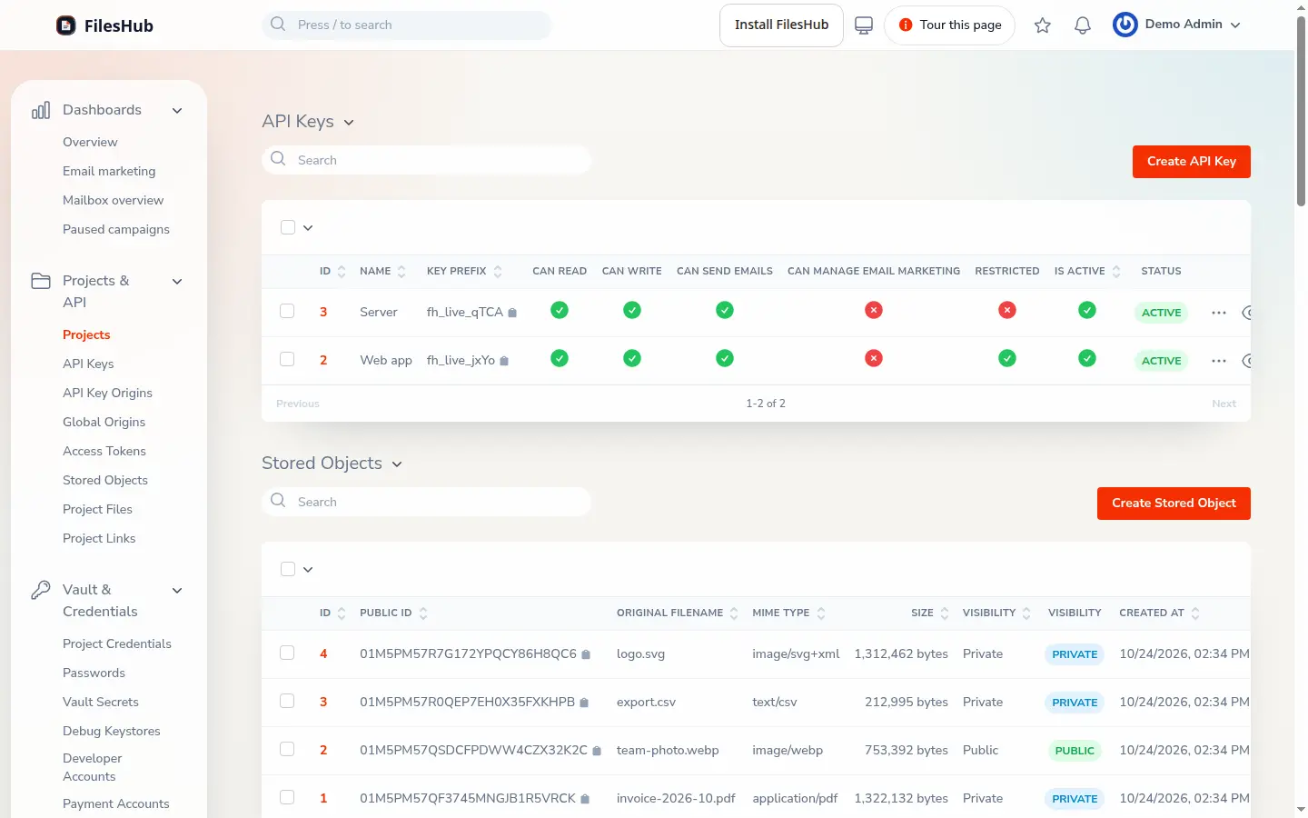 A FilesHub project page in the admin, showing the API keys that belong to that project.