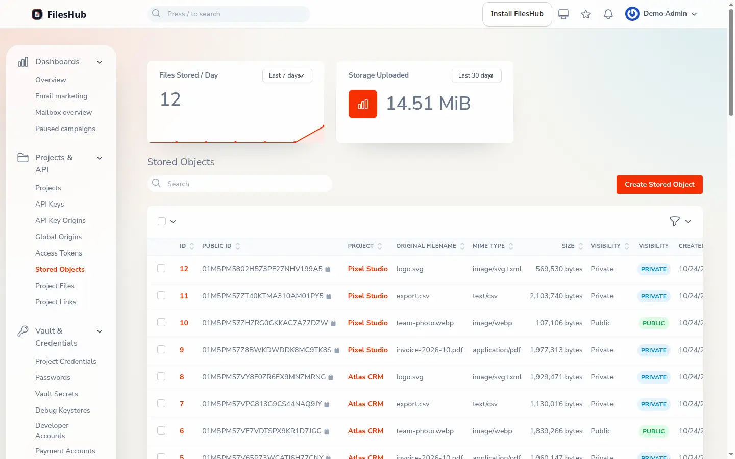 The FilesHub admin listing a project's stored files.