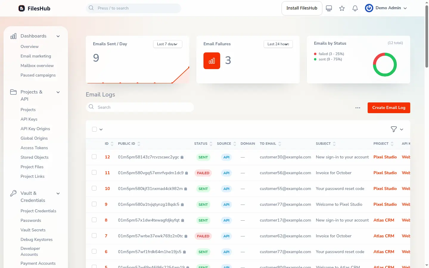 The FilesHub email log, listing sent emails with the status of each and the reason for any failure.