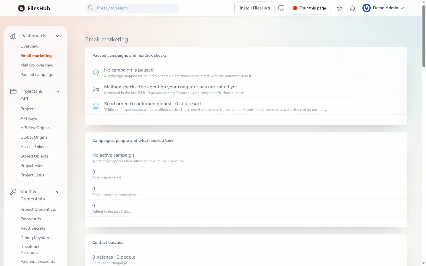 The FilesHub Email marketing dashboard: paused campaigns, campaigns and their people, contact batches and daily report status.