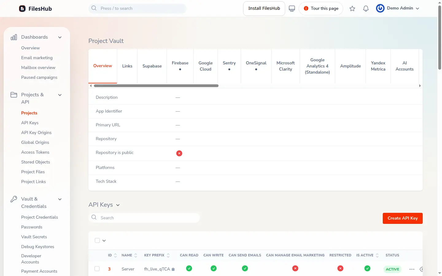 A project's vault tab in FilesHub, with credentials grouped by service and their values hidden.