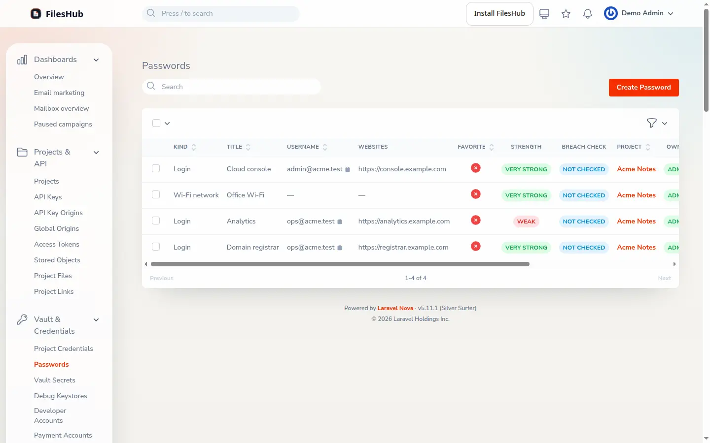 The FilesHub password manager, listing one project's saved logins with their passwords hidden.
